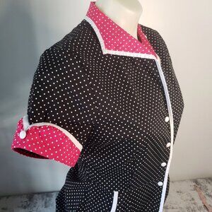 Sourpuss Retro Peggy Sue Rockabilly Dress Pink Black Polka Dot Sailor Sleeve
